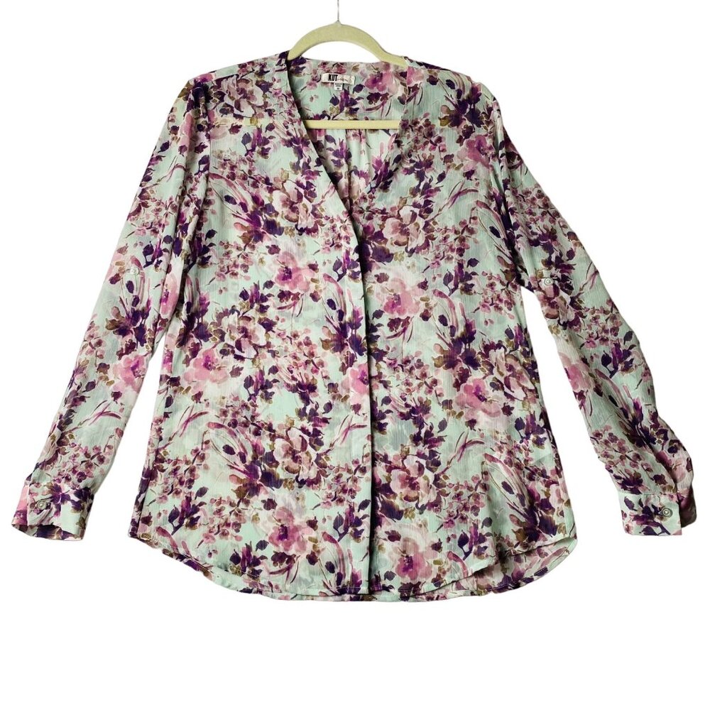 Kut from the Kloth Floral Blouse Women Medium Long Sleeve Roll Tab Button Front‎